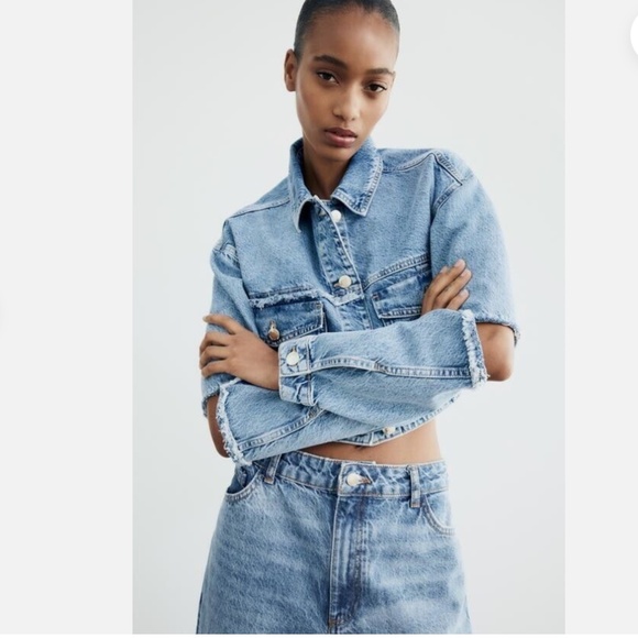 ZARA! Denim cropped oversized jacket cut out elbows XS - Picture 3 of 15